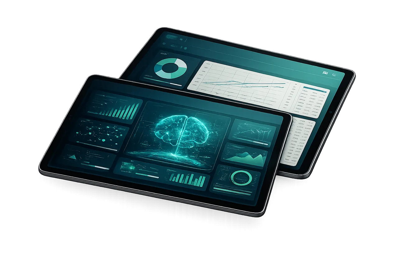 Mockup da planilha de orçamento e do Organizador Raio-X com inteligência artificial em tablets