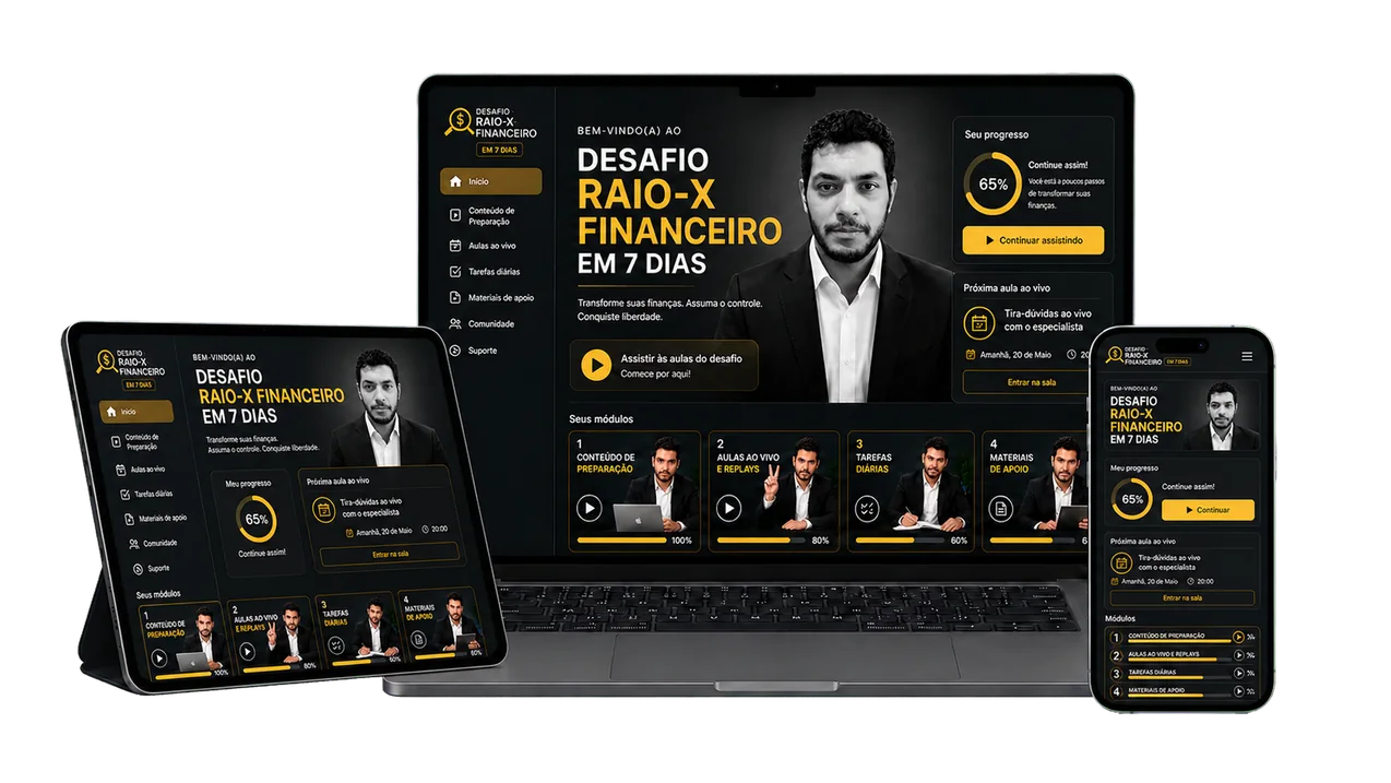 Área de membros do Desafio Raio-X Financeiro em notebook, tablet e celular