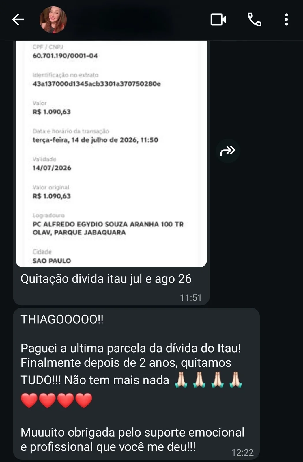 Print de conversa: aluna paga a última parcela da dívida do Itaú depois de 2 anos