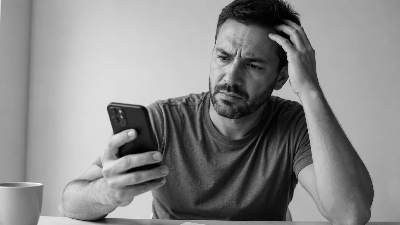 Homem preocupado olhando o celular com expressão de frustração financeira