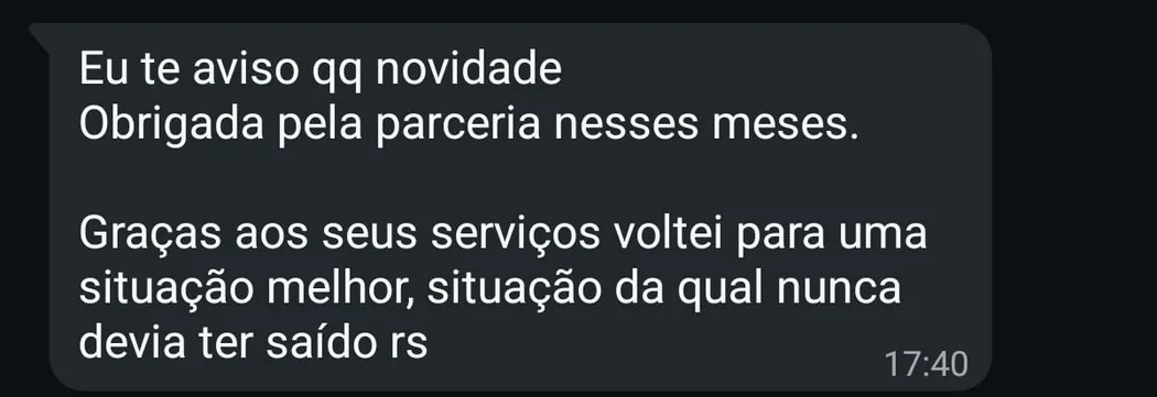 Print de conversa: aluna volta a uma situação financeira melhor