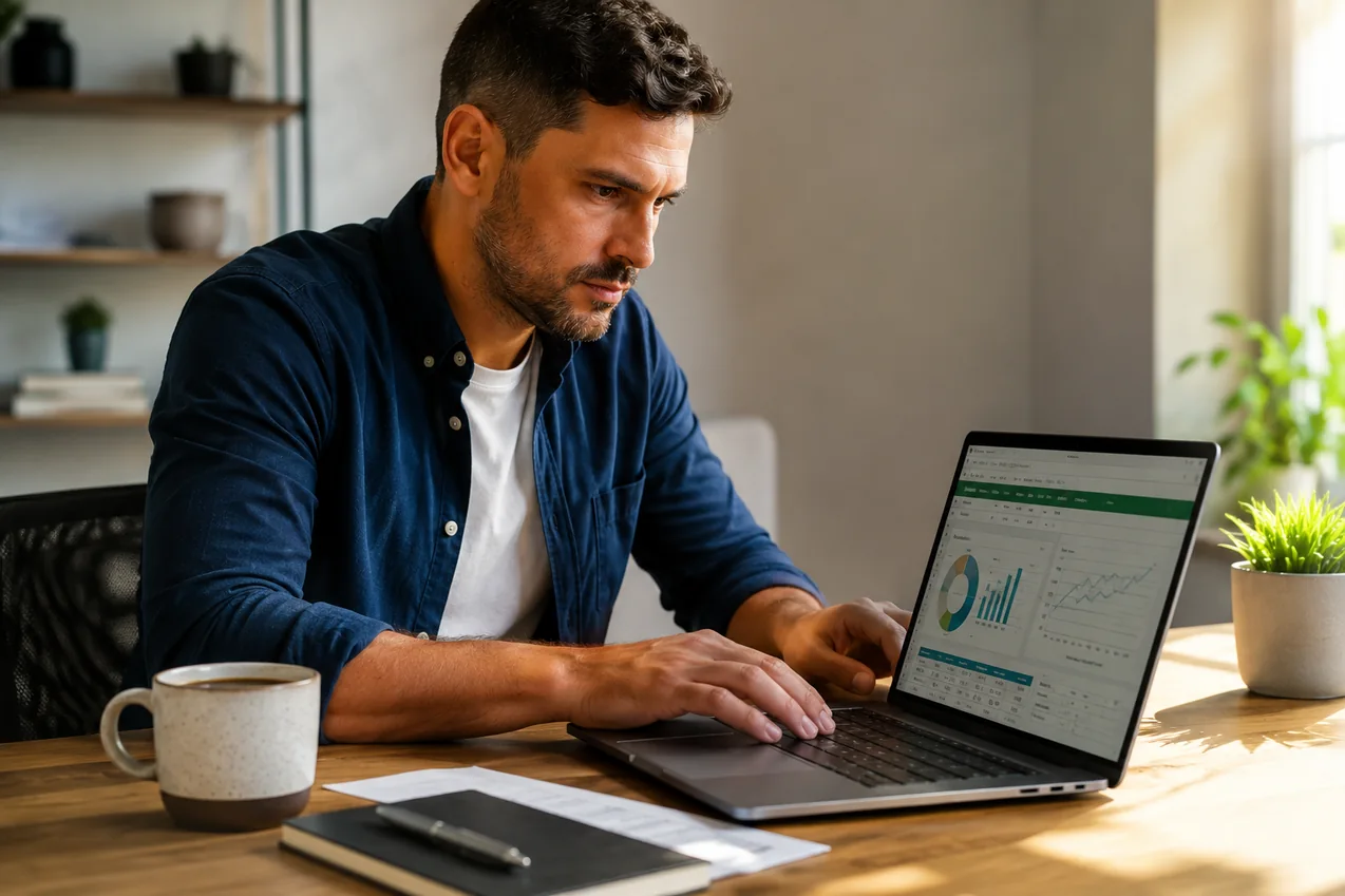 Homem organizando o orçamento em uma planilha no notebook