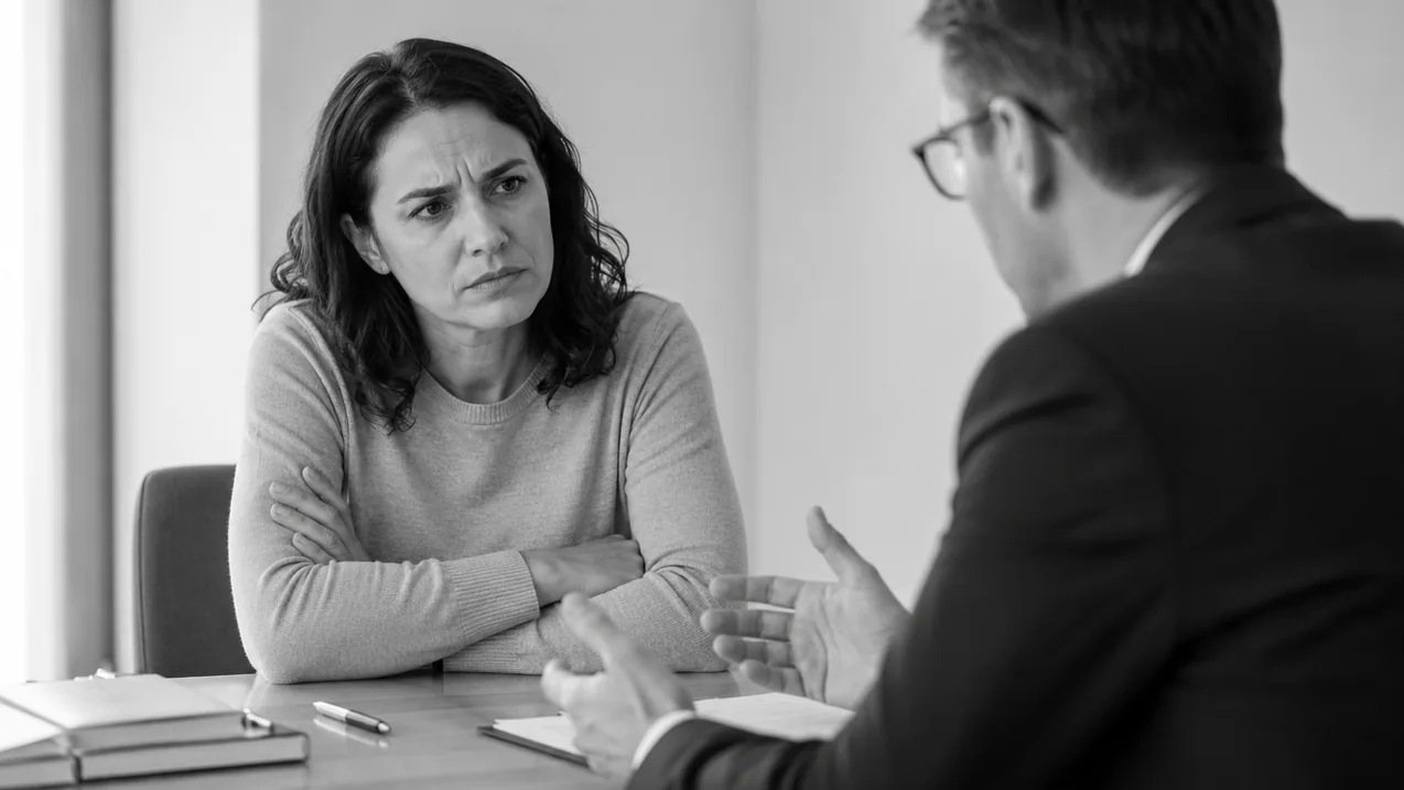 Mulher preocupada em reunião com consultor financeiro