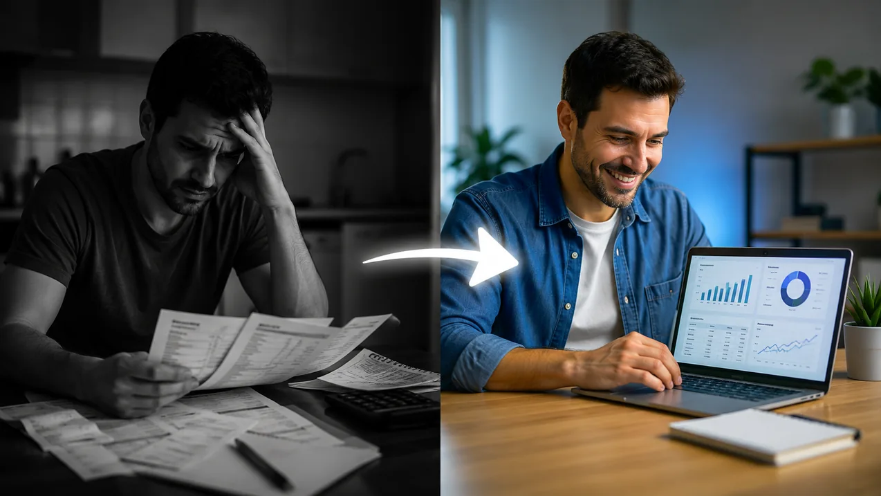 Comparação entre homem frustrado com contas e homem organizado no notebook