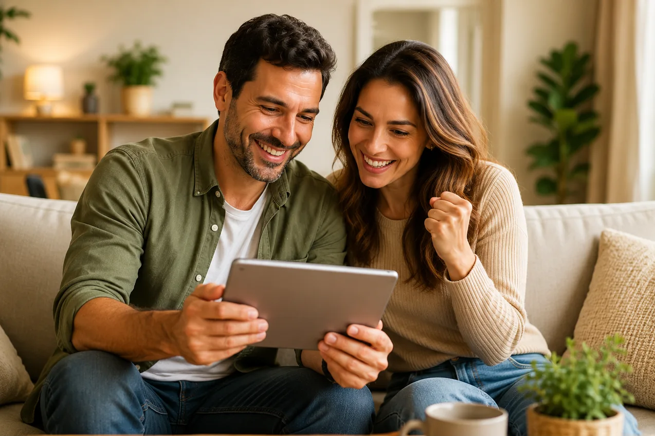 Casal comemorando junto os resultados do planejamento financeiro