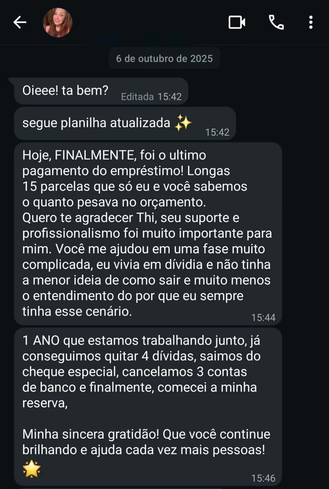 Print de conversa: aluna quitou 4 dívidas, saiu do cheque especial e começou a reserva em 1 ano